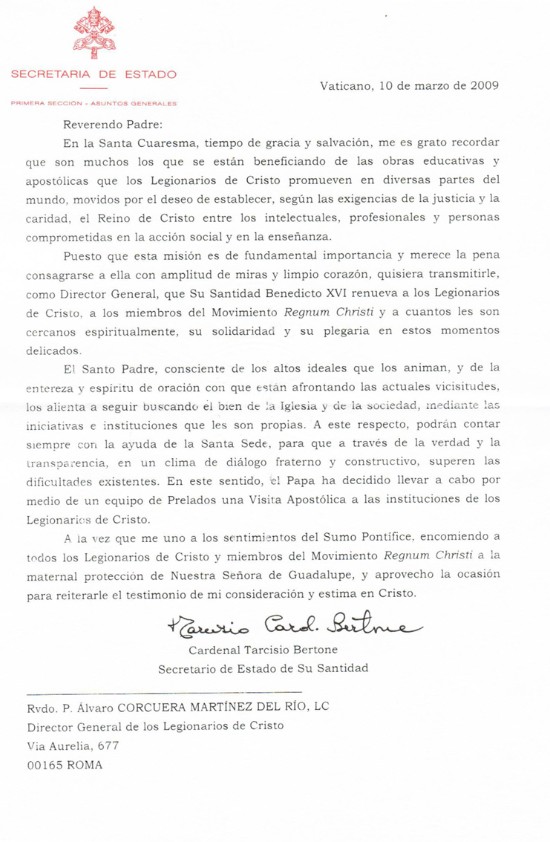 Carta del secretario de Estado del Vaticano, el cardenal Tarsicio Bertone, al director general de Legionarios de Cristo, Álvaro Corcuera.