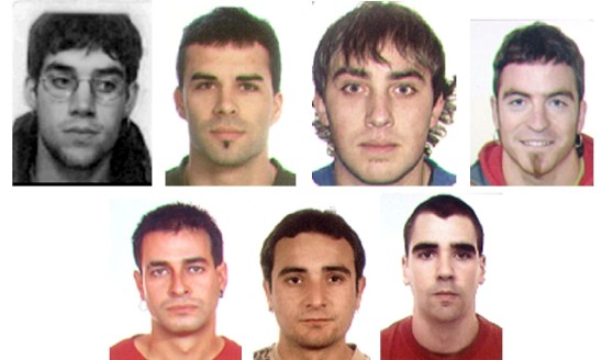 Fotografías de los presuntos etarras detenidos este sábado en una operación conjunta de la Policía Nacional y la Gendarmería francesa en la que también fue arrestado Jurdan Martitegi, considerado el actual 'número uno' de ETA. De izquierda a derecha y de arriba a abajo, Gorka Azpitarte Rejado, Alexander Uriarte Cuadrado, Igor García Ochoa, Asier Ortiz de Guinea, Sergio Bravo Sáez, Jonathan Guerra Tejero y Gorka Iriarte Sáez. Efe