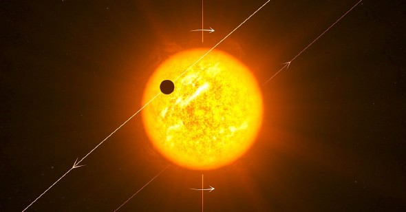 Representación artística de un exoplaneta que orbita hacia la izquierda, mientras su estrella rota hacia la derecha (Efe)