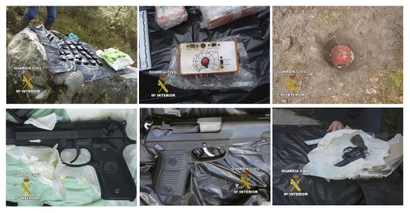 Combo fotográfico de parte del material encontrado en los dos escondites de la organización terrorista española GRAPO que localizó la Guardia Civil española en colaboración con la Policía Nacional Francesa en un bosque de Francia, próximo a la localidad de Maisse, al sur de París. Efe
