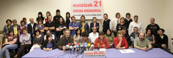 Los máximos responsables de los sindicatos nacionalistas, ELA, LAB, ESK, STEE-EILAS, EHNE e HIRU. Efe 