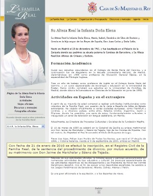 La Infanta Elena, hija mayor de los Reyes, está ya divorciada legalmente de Jaime de Marichalar, tras la inscripción realizada el pasado 21 de enero en el Registro Civil de la Familia Real y que hoy ha sido dado a conocer por fuentes del Palacio de la Zarzuela. De acuerdo con lo que figura en la biografía de Doña Elena que aparece en la página web de la Casa Real (en la foto) 