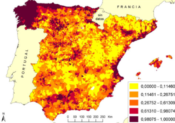 Mapa de probabilidades de alta incidencia de incencios forestales provocados por el hombre.  El índice está en una escala de cero a uno donde 1 es el valor de mayor riesgo. / CSIC, UdL, UAH  (Imagen: CSIC)
