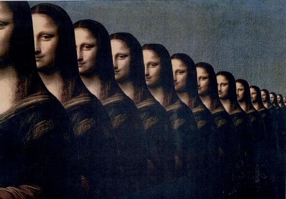 Las Giocondas hacen cola, del francés Jean Margat, que se exhibe en la muestra Joconde. Da Monna Lisa alla Gioconda nuda. Efe