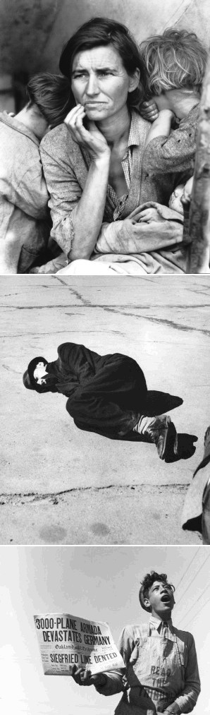 De arriba a abajo, Recolectores de guisantes en la indigencia (1936), escena en Skid Row (1937) y Aviones destrozan el Reich (1944). Efe