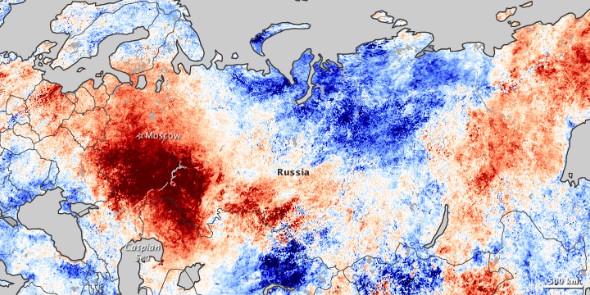 Imagen captada por la NASA de la superficie de Rusia afectada por los incendios (en rojo)