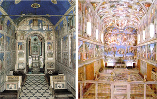 Vista interior de la capilla de la Arena, de Giotto di Bondone (i) e interior de la capilla sixtina, de Miguel Ángel (d) 