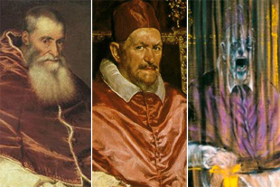Retrato del Papa Pablo III, de Tiziano (i), Retrato del Papa Inocencio X, de Velázquez (c) y Retrato del Papa Inocencio X, de Bacon (d) 
