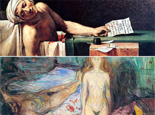 Marat asesinado en su bañera, de David (a) y La muerte de Marat, de Munch (d)