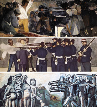 Fusilamientos del 3 de mayo, de Goya (a), La ejecución del emperador Maximiliano de México, de Manet (c) y Masacre en Corea, de Picasso (d)