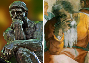 El pensador de Rodin (i) y el Profeta Jeremías, detalle de la capilla sixtina, pintada por Miguel Ángel (d)
