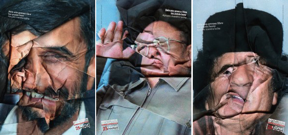 De izqda. a dcha.: Mahmud Ahmadineyad, Moamar al Gadhafi y Kim Jong-il