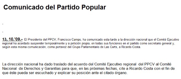 Texto remitido por el PP a los medios.