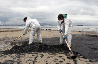 Los servicios de limpieza recogen el vertido del New Flame. EFE