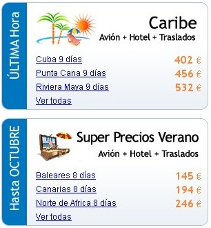 Ejemplo de ofertas en un portal de viajes.